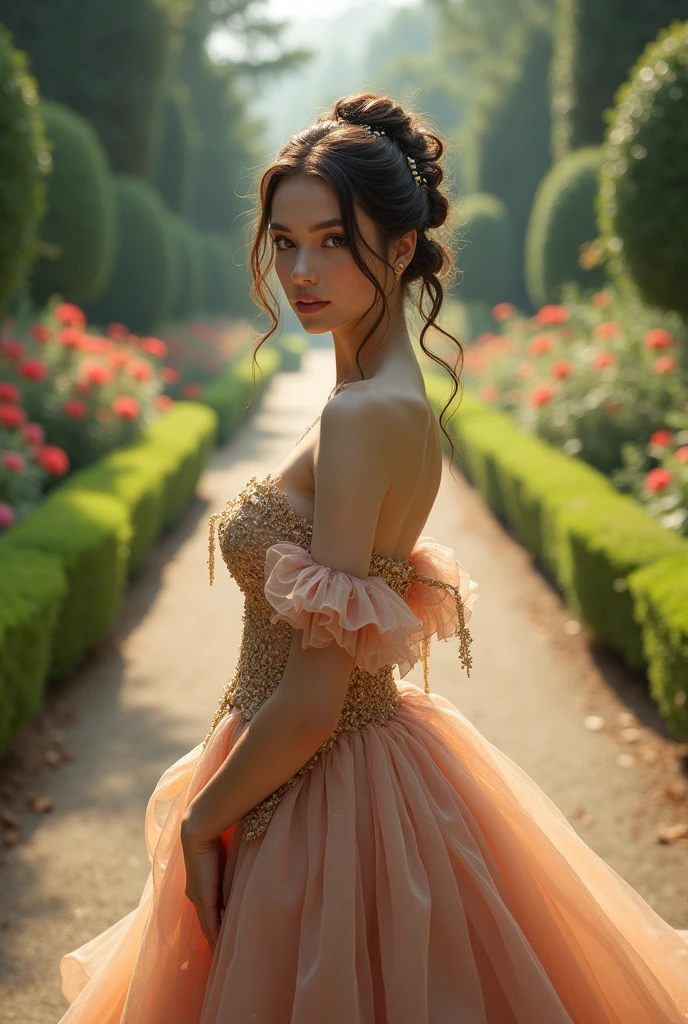 Beutiful woman, wearing gowns, in royal garden