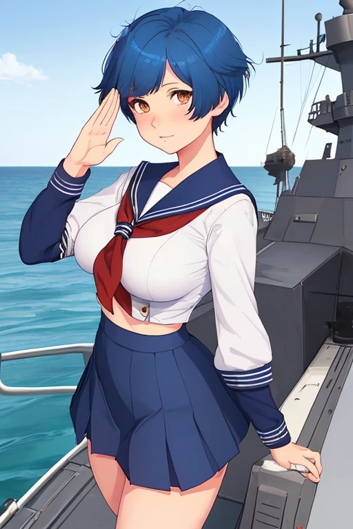 Sailor uniform, sailor, woman, blue hair, short hair, miniskirt, brown eyes, salute, warship, on deck, fine weather, sunlight, seagulls flying, fresh, high quality, large breasts, handgun on waist