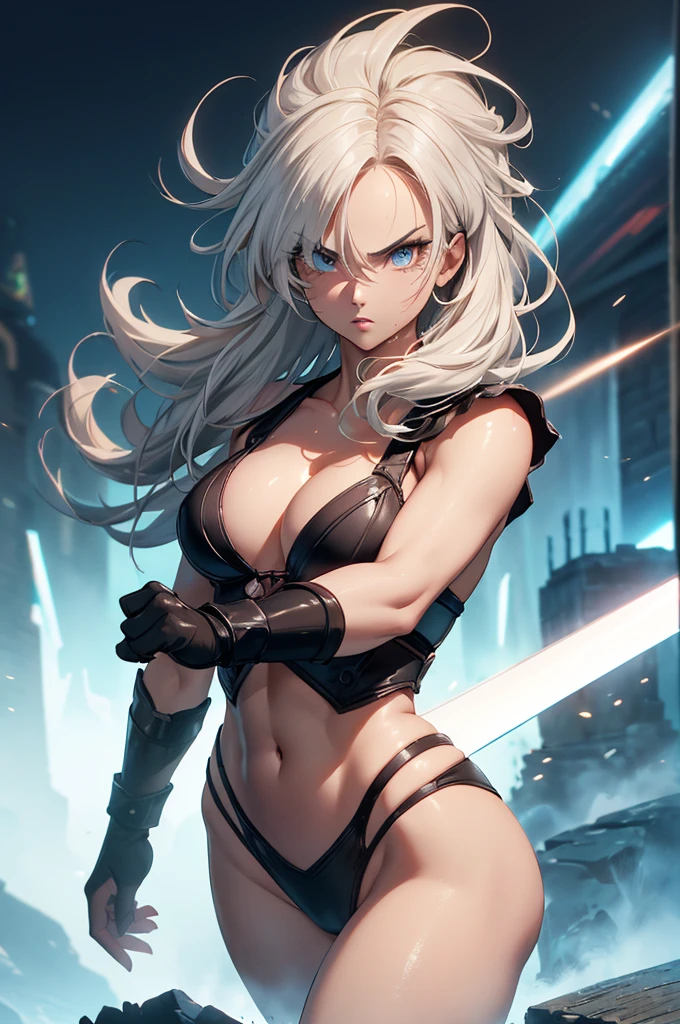 (Highest quality,4K,High resolution,masterpiece:1.2), (Ultra-detailed), (Holding a sword:1.3) (Dynamic Art), (looking at the camera) (Dragon Ball Z setting), (whole body)(Vision:1.8), (Realist,photoRealist,photo-Realist:1.37), (High resolution,High resolution), (Portraiture), (Vibrant colors), (Long legs), (A noticeably elongated face), (Wide range) (Hermosos Fine grain), (Beautifully detailed lips), (Highly detailed eyes and face), , Bright eyes Dynamic angles and postures, Sweatびっしょり, Sweat,  (Long eyelashes), (Sharp focus), (Physically Based Rendering), (Beautiful female warrior), (Mature Woman) (Leg spread), (intense), (expression of intense desire), (Motion Blur), (elegant), (Slim figure), (Inspired by anime), (Bright light), (Cinema Lighting), (Contrasting colors), (Mysterious atmosphere), (Action-packed scenes), (Unique Look), (impressive), (), (Exciting), (Expressive), (Interesting atmosphere), (monster:1.4) ((Highest quality)),((Very detailed)),masterpiece,Absurd,Detailed face,Beautiful Face,(Fine grain, Deep Eyes),((Dynamic pose)), (((Long white hair,Adult beauty,Inspired by Akira Toriyama))),Iron Bikini Armor,grassland,monsterと戦闘中Distant view	Vision
Wide shot	広角
Long shot