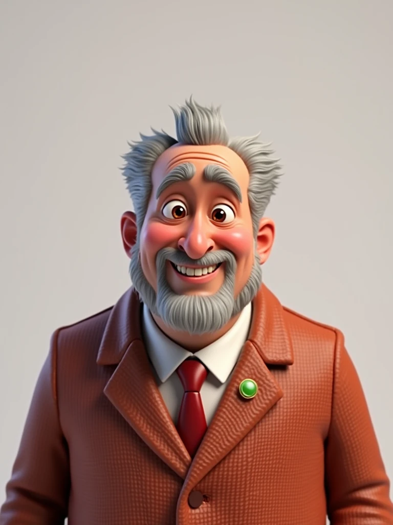 Create a Disney Pixar-style, 3D character of a 6 man, brown eyes, short gray hair, with a normal mouth, a big, airy nose, thick eyeshadows, wearing dress clothes