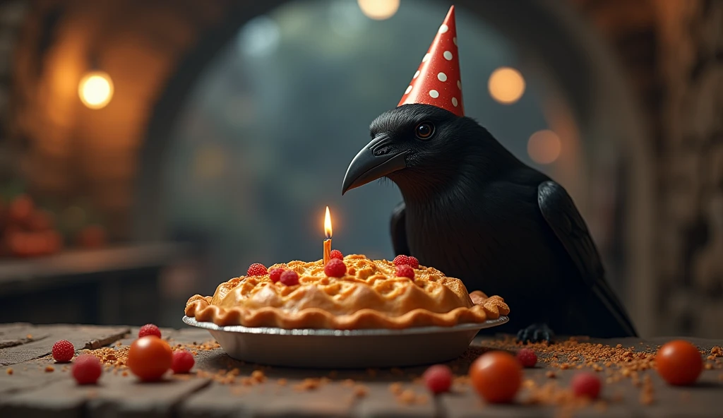 the crow bird celebrates its birthday , pie , cinematic, HD , 4K, HDR (High dynamic range), Ray tracing ,NVIDIA RTX, Super resolution, Unreal 5, Underground dispersion, Textured PBR, Post-processing, Anisotropic filtering, depth of field, maximum clarity and sharpness, Multilayer textures, Albedo and Mirror Maps, Surface Shading, Accurately simulate the interaction of light and material.,perfect proportions,octane number,two-color lighting,Wide opening,Low ISO,White balance,Rule of thirds,Battlefield in RAW 8K
