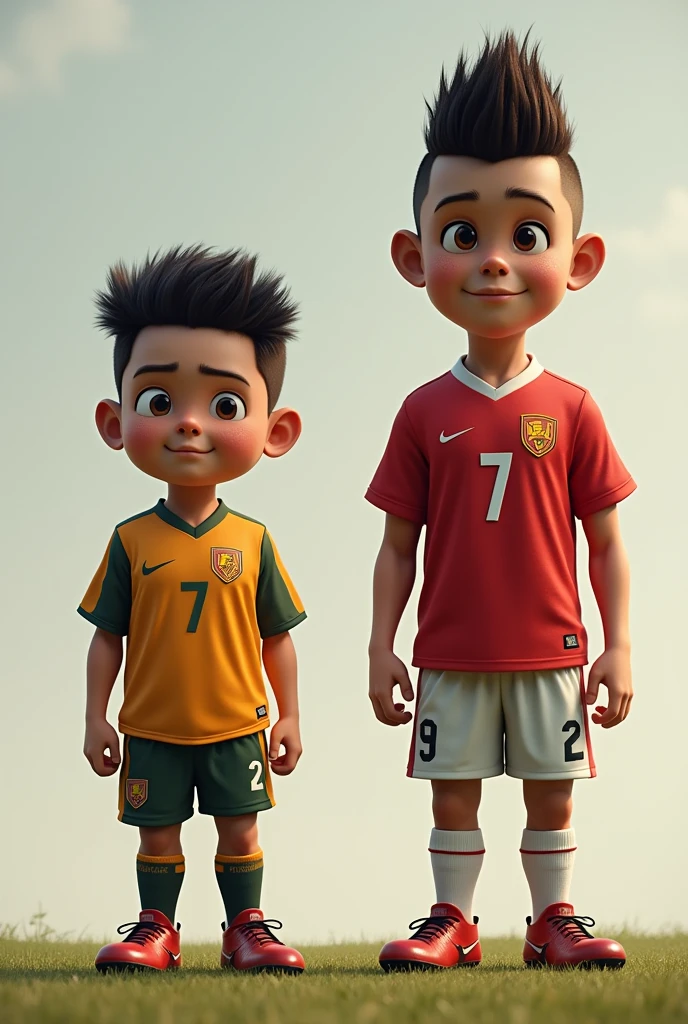 Generate the image of a fat football player with the number 7 shirt and black hair as a child and dark hair with red Nike boots and a disguised mohawk