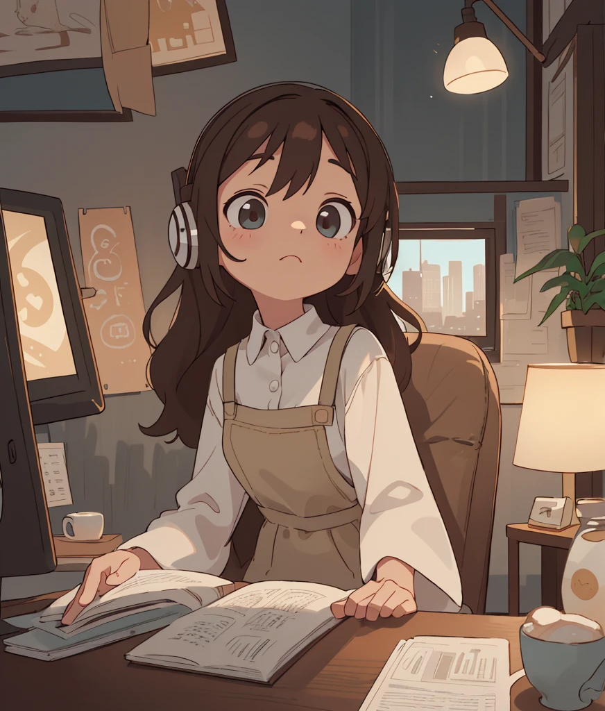 A young woman is sitting comfortably in a modern, cozy room with a cityscape visible through a large window at night. The main object of focus is the woman, who appears to be in her late teens or early twenties. She has long, wavy brown hair and is wearing a pair of large over-ear headphones. Her eyes are closed, and she has a serene, relaxed expression on her face as she listens to music. The woman is seated in a plush armchair, which is positioned to the right of a wooden desk. On the desk, there is a modern desktop computer, a ceramic coffee mug, and a small potted plant. A desk lamp with a warm, yellow glow is placed on the left side of the desk, casting a soft light over the scene. The light from the lamp is the primary light source, illuminating the woman and creating gentle shadows around her. In the background, the large window offers a stunning view of the city at night, with numerous skyscrapers and their illuminated windows creating a vibrant, urban atmosphere. The room itself is painted in neutral tones, with the walls adorned with minimalistic decor. The overall color scheme of the image features warm tones from the lamp and the cooler tones of the night cityscape, creating a balanced and visually appealing contrast. The perspective of the image is from a slight angle, allowing for a clear view of the woman, the desk, and the background cityscape. The size of the image is rectangular, with a wide aspect ratio that captures the breadth of the scene. The theme of the image is calm and relaxation, with an emphasis on the soothing environment and the woman's peaceful state.