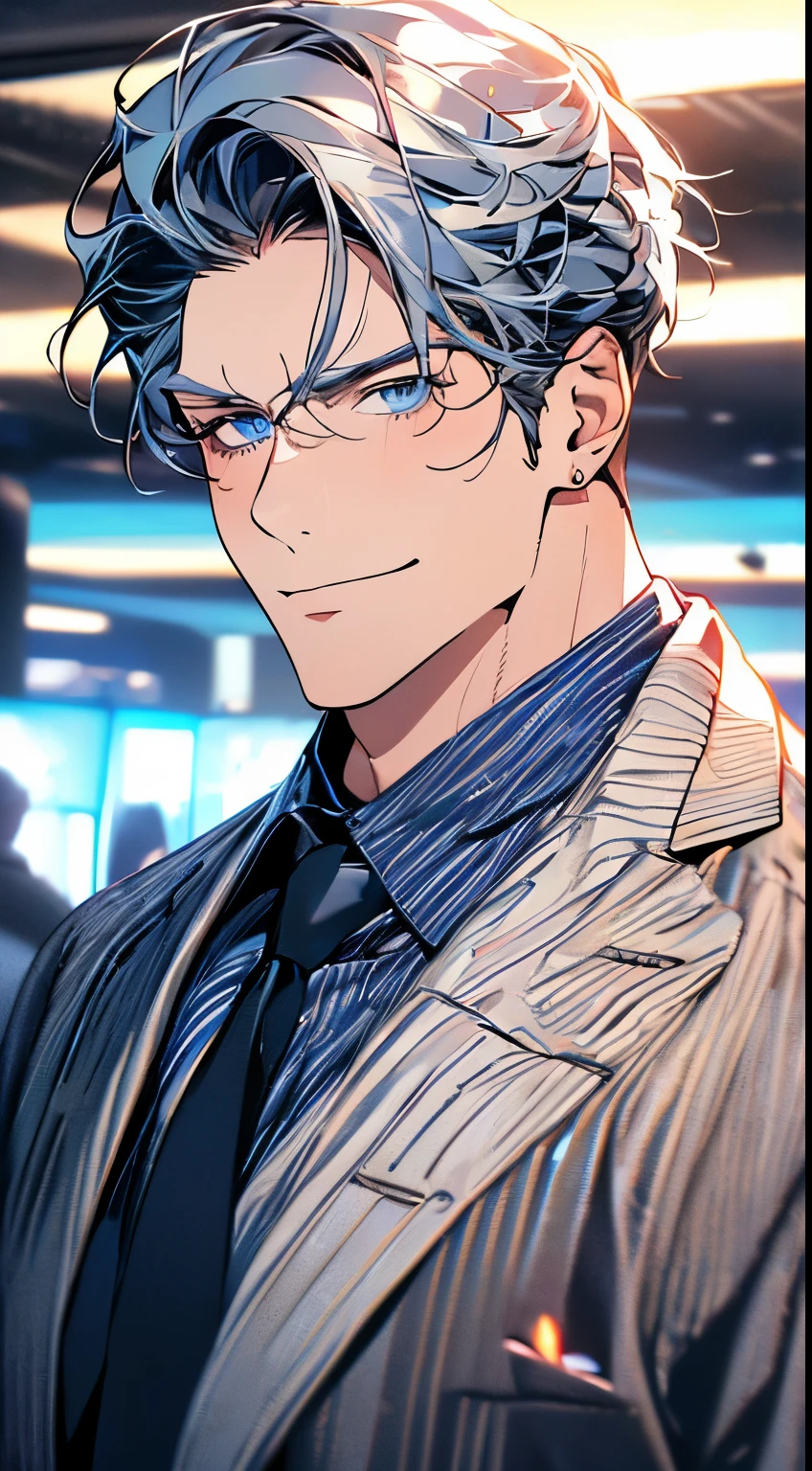 (best quality,4k,8k,highres,masterpiece:1.2),ultra-detailed,(realistic,photorealistic,photo-realistic:1.37),1 man,3,mature man,very handsome,without expression,smile,short grey blue hair,blue eyes,penetrating gaze,perfect face without errors,imposing posture,businessman,office background,cinematic lighting,hdr image