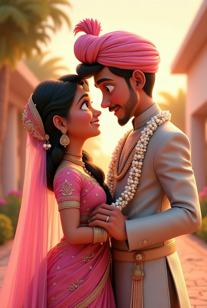 Create a Pixar image of a couple in wedding girl is wearing a pink lehenga white garland heavy jewellery nose ring veil on head is blushing and looking down. Slightly chubby and dimple fir bride. Groom has a stubble young looking silver sherwani and pink turban covering head looking at bride and golding her hand. White garland. Both are married and in love

