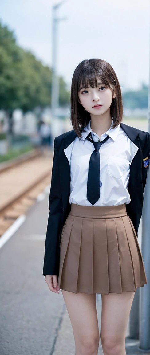(masterpiece, Highest quality:1.2), 8k, , 85mm, Official Art, RAW Photos, スーパースリムなスレンダーbeautiful girl, (Full nudity下Half Body、Show me your ears、Embarrassing nude photoshoot、Full nudity, Cute scary face, close, Half Body, Biolace, Gardenia, beautiful girl, school uniform, Thin thighs,Narrow waist、 Standing on the station platform, People who look at it with embarrassment, No makeup, (A slightly troubled look), Face of embarrassment、Nervous pose、Film Grain, chromatic aberration, Sharp focus, Face Light, Bright lighting, 10 generations, Detailed face, Background blur, (Dark red tie:1.1)、((((((Two))))))、((((((2人のFull nudity女子高生)))))、Short straight hair, the wind is blowing hard、Hair fluttering
