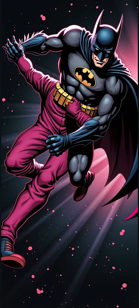 Create Batman in a bright pink jumpsuit jumping and trapping the Joker