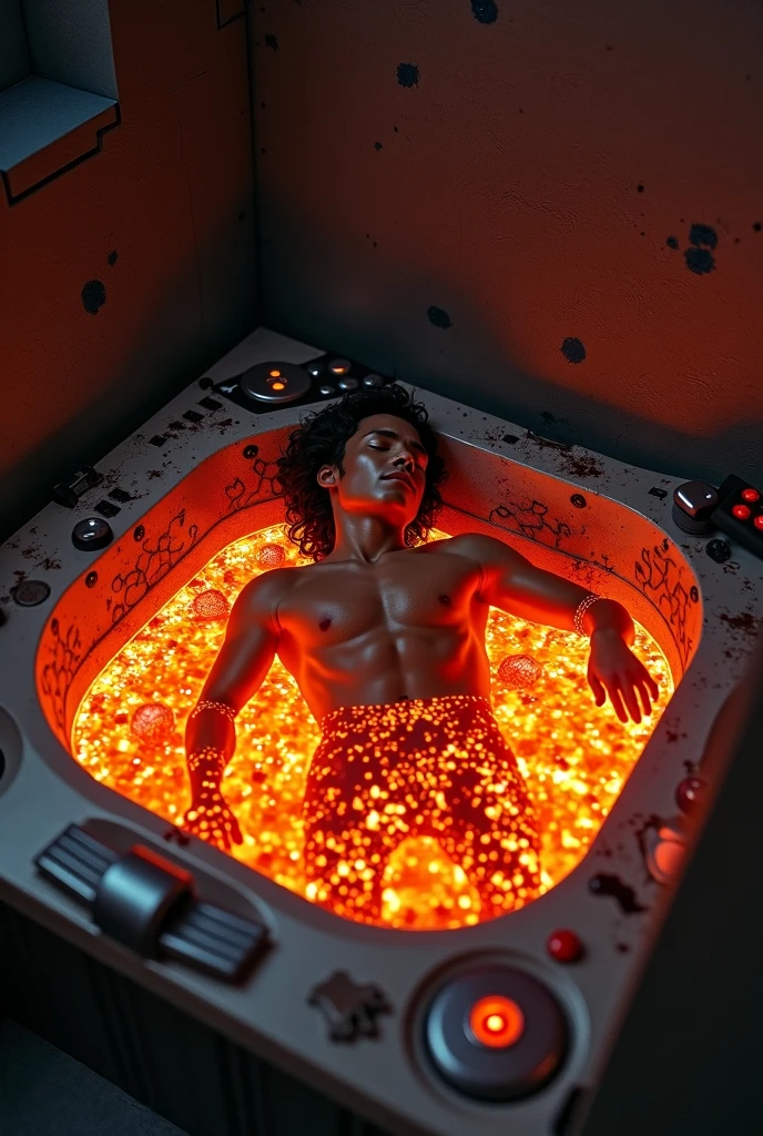jacuzzi, however, exchanging the water for lava. With the jacuzzi in a cramped room, with a man sleeping inside the jacuzzi