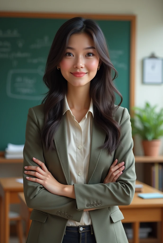Female teacher, smiling, dark shaped eyes, dark brown hair, light lipstick , books and board.