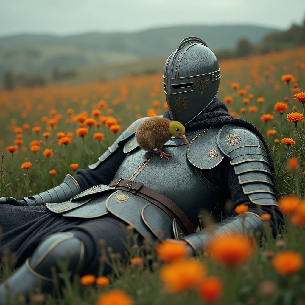 medieval warrior (minute details in the armor) with a helmet that covers his entire face, is leaning on a stone, dead, with a kiwi (the kiwi bird) on his chest in a field of flowers, full body image, show your feet (one is extended and the other is not) the soldier is in profile