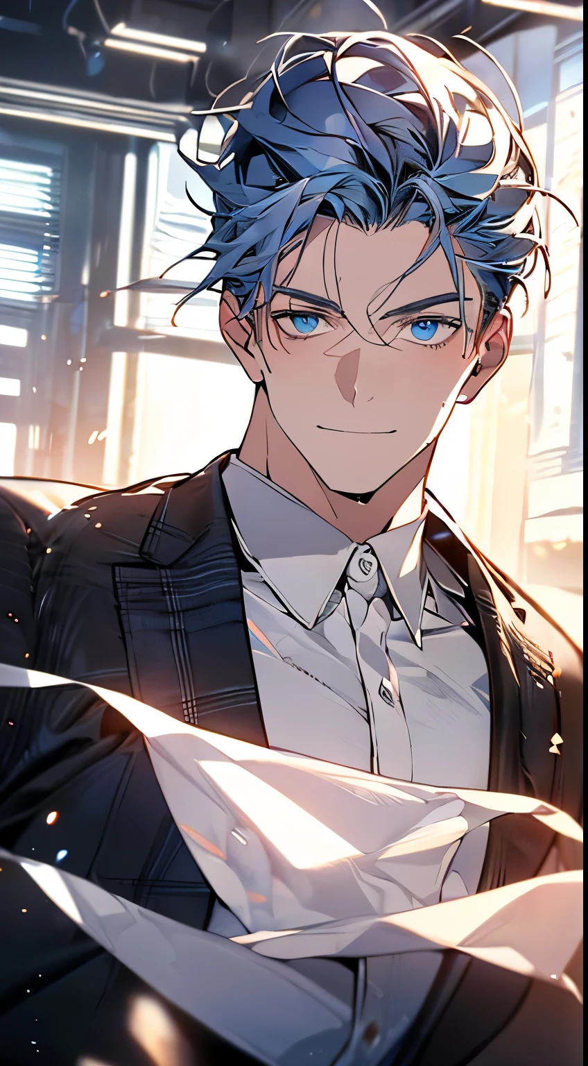 (best quality,4k,8k,highres,masterpiece:1.2),ultra-detailed,(realistic,photorealistic,photo-realistic:1.37),1 man,3,mature man,very handsome,without expression,smile,short grey blue hair,blue eyes,penetrating gaze,perfect face without errors,imposing posture,businessman,office background,cinematic lighting,hdr image