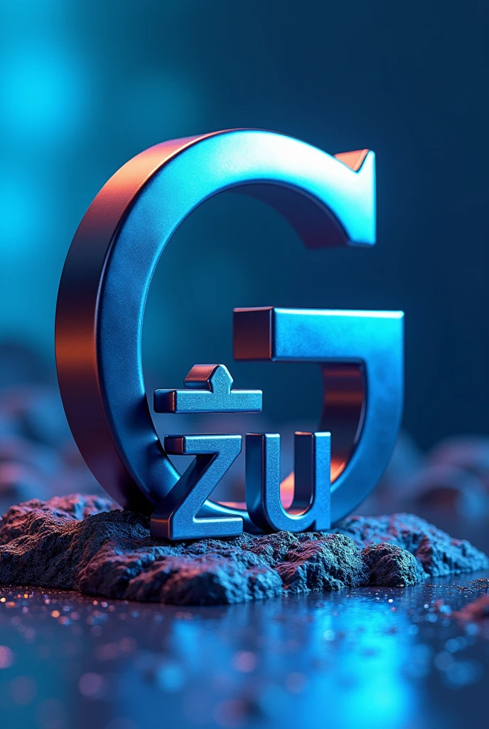 The letter 'G' in capital letters and below it says 'ヅ' but it looks very attractive with bright but dark colors like bright blues but very balanced and in 3D type