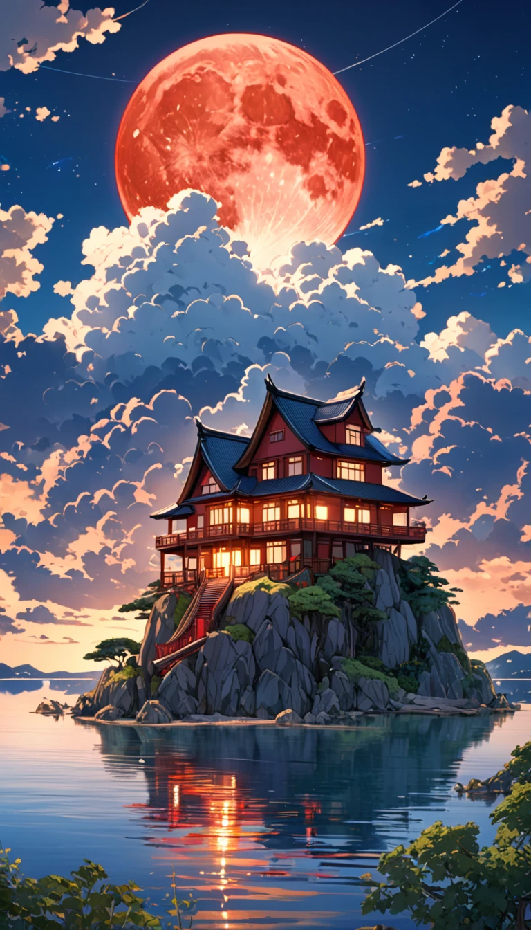 ((anime: 1.4, figure)), (masterpiece, Highest quality, Highest quality), (Very detailed, The absolute solution), ((16K, High resolution)) (anime Style), (masterpiece, Highest quality, Highest quality), (Very detailed, The absolute solution), Cumulonimbus、House by the lake、Red Moon、Lantern