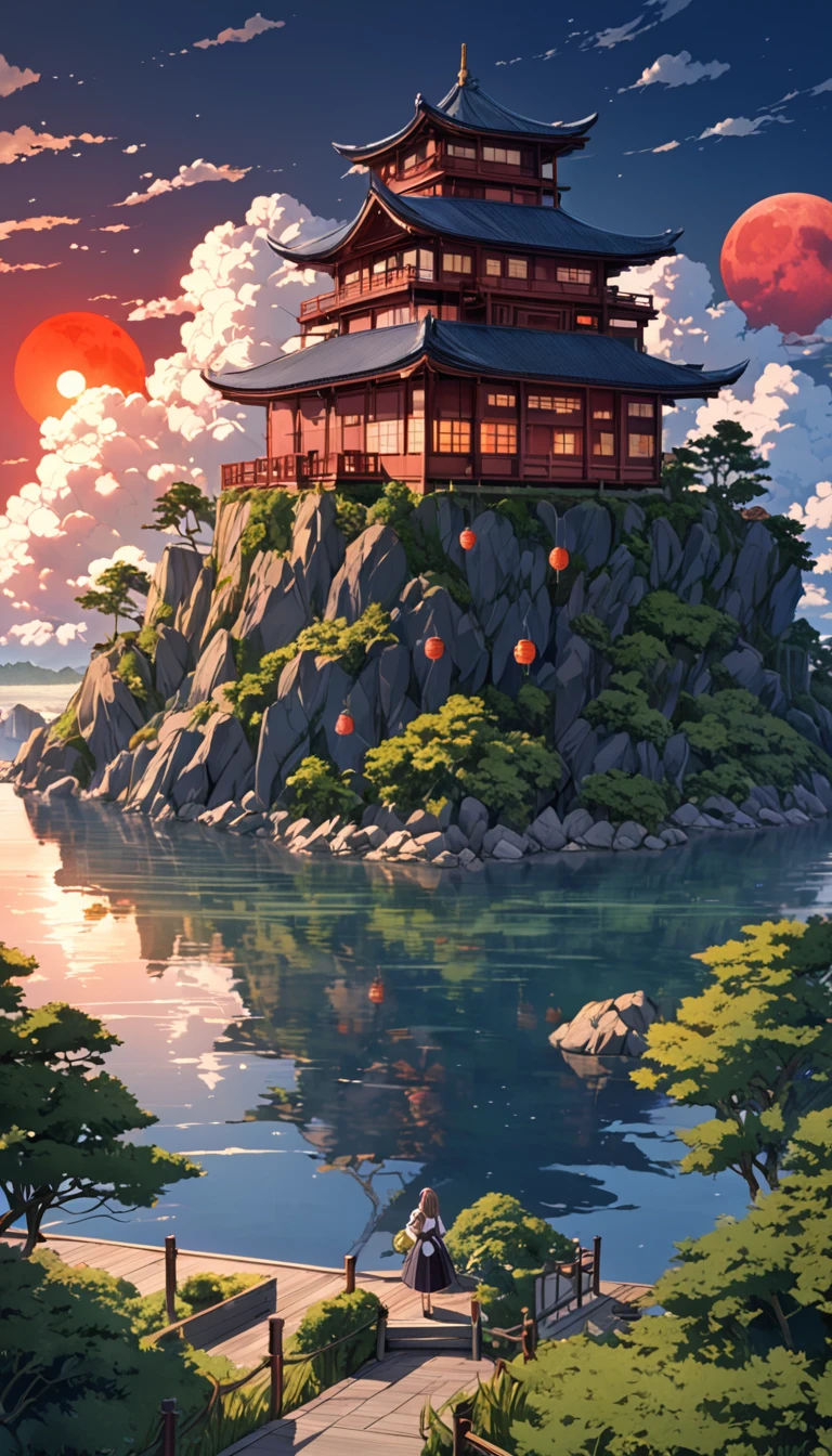 ((anime: 1.4, figure)), (masterpiece, Highest quality, Highest quality), (Very detailed, The absolute solution), ((16K, High resolution)) (anime Style),  (masterpiece, Highest quality, Highest quality), (Very detailed, The absolute solution), Cumulonimbus、House by the lake、Red Moon、Lantern