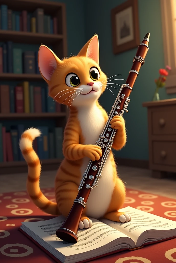 Diagonally to the left、Draw a cat playing the oboe