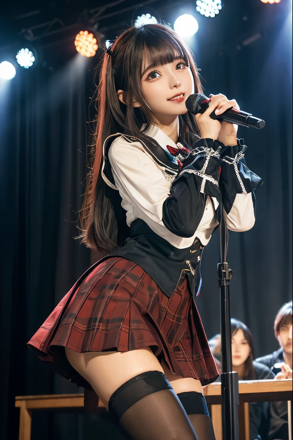 High school girl blazer、uniform、Red checked knee-length skirt、Long skirt、JK Style、Jacket、smile、Knee-high socks、Thigh-high socks、pantyhose、Extremely beautiful、Super cute、ennui、Rare Beauty、Dark black eyeshadow、sad、Skin radiance、Long Hair Straight Hair、Dark Gothic Makeup、Dark Smile、Fragrant beauty、Stained glass background、masterpiece、Highest quality、See 5 books、Sweat glistening on my chest、Sweat glistening on the face、Small breasts、2、Slightly slim、Mysterious look、Sad look、Mysterious Gothic Church、enchanting castle、Excessive sweating all over the body、Thighsに大量の汗と光、光沢のあるThighs、Thighs、Thighsに大量の汗が光る、sweat profusely、Gal、Small breasts、Japanese face、Captivating look、細いThighs、play the guitar、I have a guitar、Enthusiastic singing、バンドでplay the guitar、Playing guitar chords、Background of the live music venue、Sing a song、Open your mouth、Scenery of a live music venue、Mike stand、Glamorous live stage、Dynamic Angles、Vivid straight long hair、delicate straight hair、