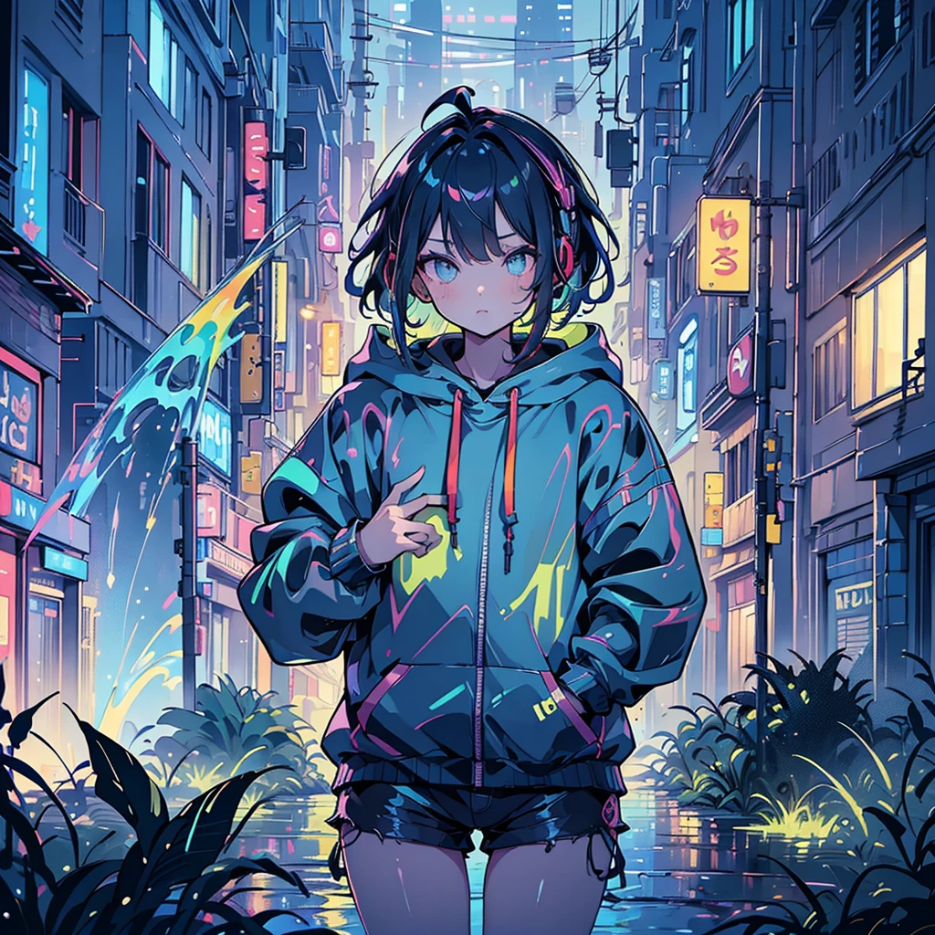 8 k resolution、((highest qualityr))、((masterpiece))、((Ultra-detailed))、1 woman、Alone、Incredibly absurd、Oversized hoodies、headphones、Street、outdoor、rain at night、Neons、Haircut、bright colored eyes、hands in pockets、Shorts、dripping water、rainbow hairs、Bob Hair