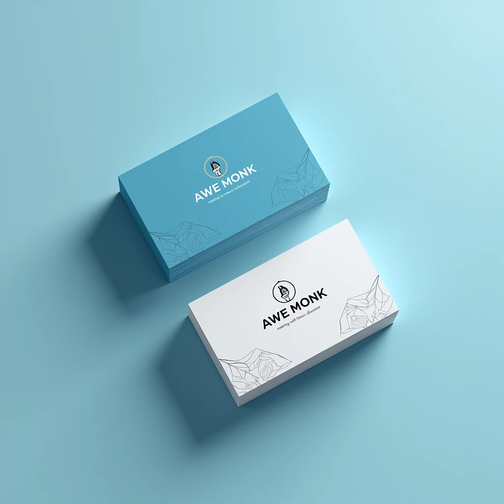 Create a business card for "Awe Monk," a company with the slogan "Making a statement with your business." The design should use sky blue as the primary color, evoking a sense of creativity and innovation. The logo could be minimalistic, perhaps featuring a stylized monk or a symbol that represents wisdom and insight, reflecting the company's role in helping businesses stand out. The overall design should be modern and inspiring, targeting entrepreneurs and business professionals.