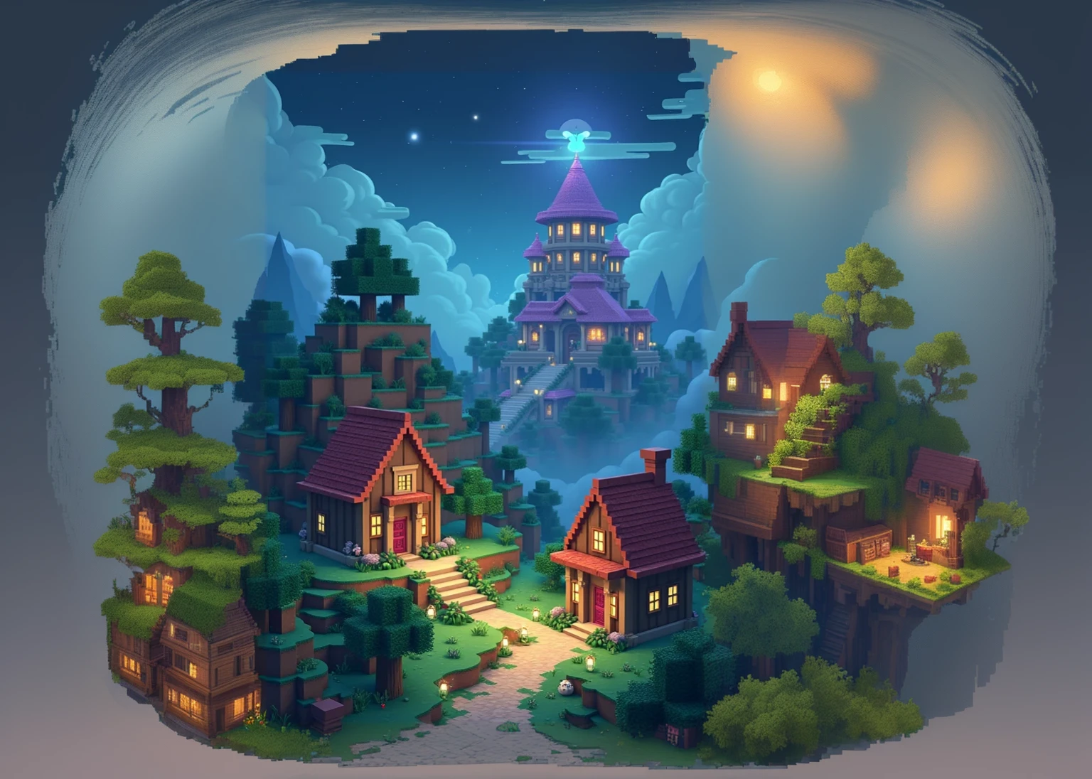 A cartoon style illustration of a small town in the middle of a forest, beautiful detailed pixel art, high quality voxel art, super detailed color lowpoly art, night village background, beautiful 3d fantasy isometric house, isometric voxel art, 8K high quality detailed art, Stylized 3D rendering, magical town, detailed pixel art