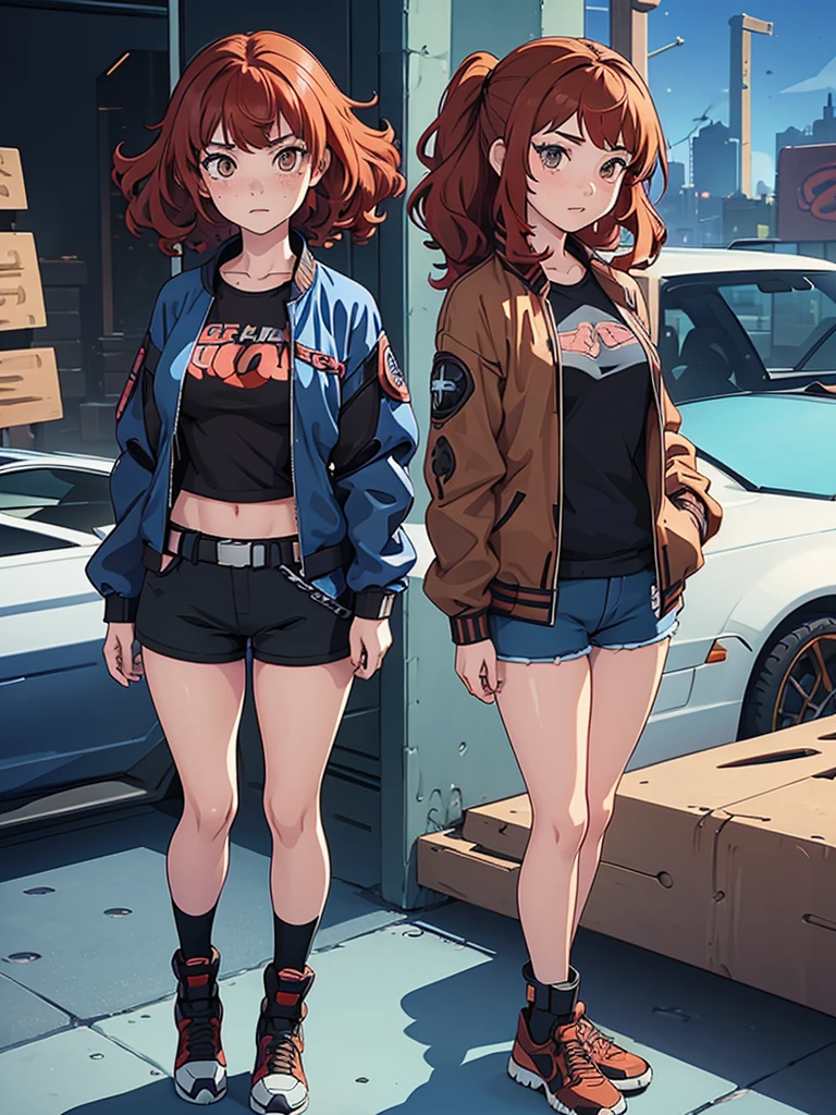 (masterpiece), (best quality), ((one girl)),alone, red hair,((brown eyes)),curly hair, anime style, freckles, (mall breast, (petite figure), blue and black cyberpunk jacket, shorts, legs, long T-shirt, ((desert background))