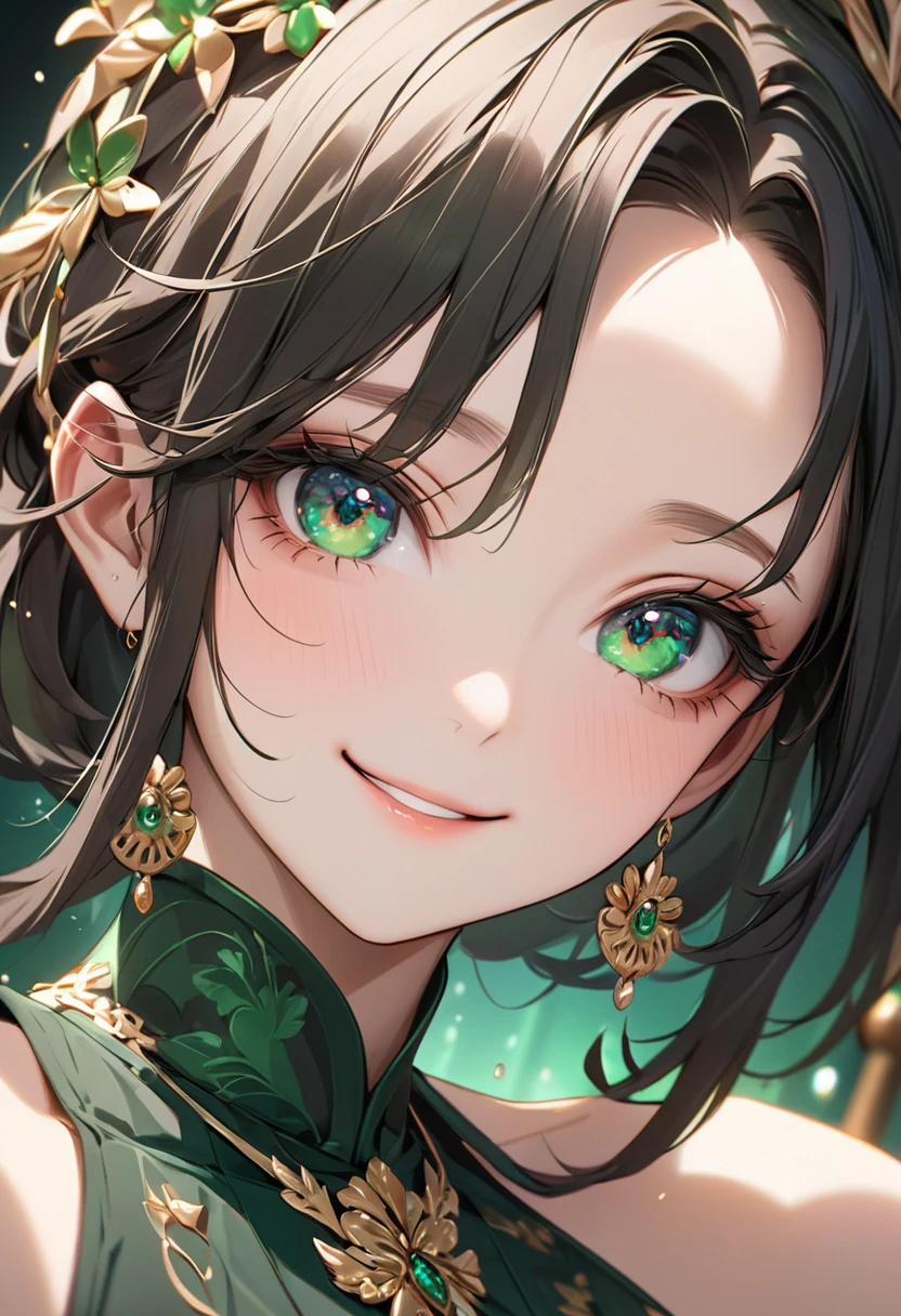 8K,high res,Skin details, Beautiful facial features, Exquisite makeup, Exquisite eyes, Eye detail,smile,forehead,dark hair,dark-green tops