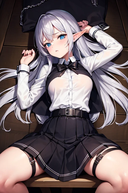Elf, Silver Hair, In the torture chamber, Lying on an iron bed and crucified, school uniform, skirt, White Shirt, Open your mouth, Raise your hands, Crying face, A large iron collar with spikes and handcuffs, Spread your legs