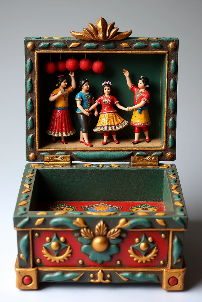 Musical jewelry box with moving characters Bolivian that is rectangular in shape The exterior is sculpted to imitate a miniature dance entrance.The lid of the box features a relief scene of a traditional Bolivian dance.. Imagine figures of dancers in colorful costumes, like those of the Diablada dance, with embossed details that show the costumes rich in embroidery and ornaments.
The dancers are surrounded by decorations representing elements of the Oruro Carnival., like masks and pompoms, carved in wood or painted ceramic.