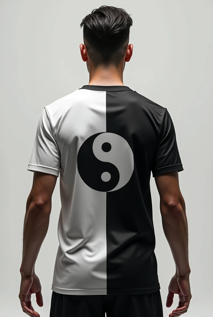 Create a football shirt on the back of the shirt, put the yin yang symbol in the middle, put the football numbers and below the symbol the name Kauan and it is white and the other side is black, remove the name Kauan from the top and put the number 1 in the middle of the yin yang symbol.