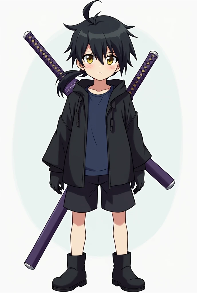Create an anime style character, male gender with short and slightly spiky black hair with the fringe covering the face a little on the left side and with a giant ponytail, big yellow eyes, Men&#39;s black windbreaker jacket with dark blue shirt, black gloves, black shorts with men&#39;s black boots, with a purple sheathed katana on his back.