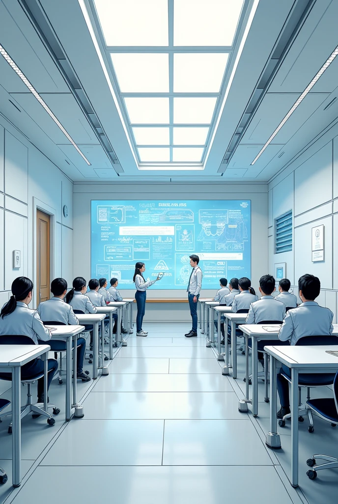 make a comic of classrooms in the future, with a simpler and more futuristic design