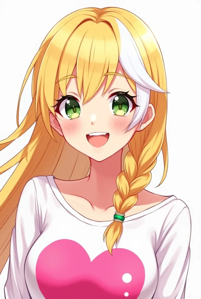 Create a smiling female character with blonde hair and a front leg braid, with a white side behind the head, and a white top with the design of a heart Pink in the middle