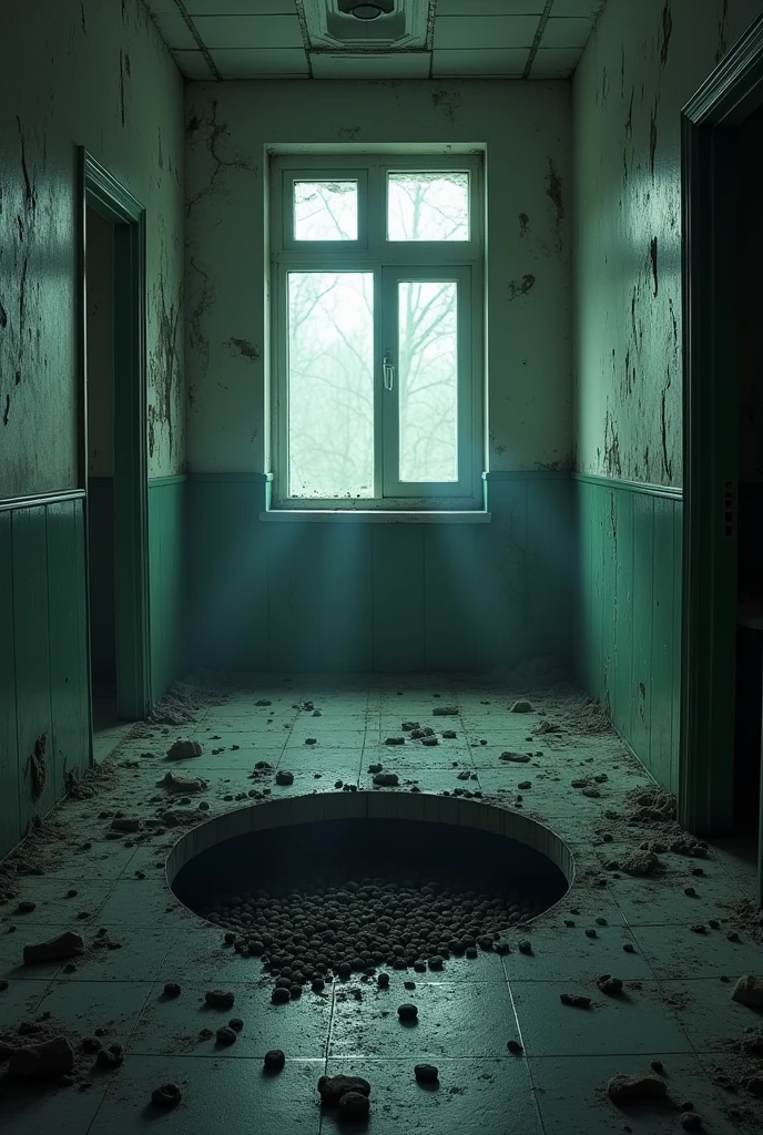 Abandoned hospital, room with a hole full of larvae inside