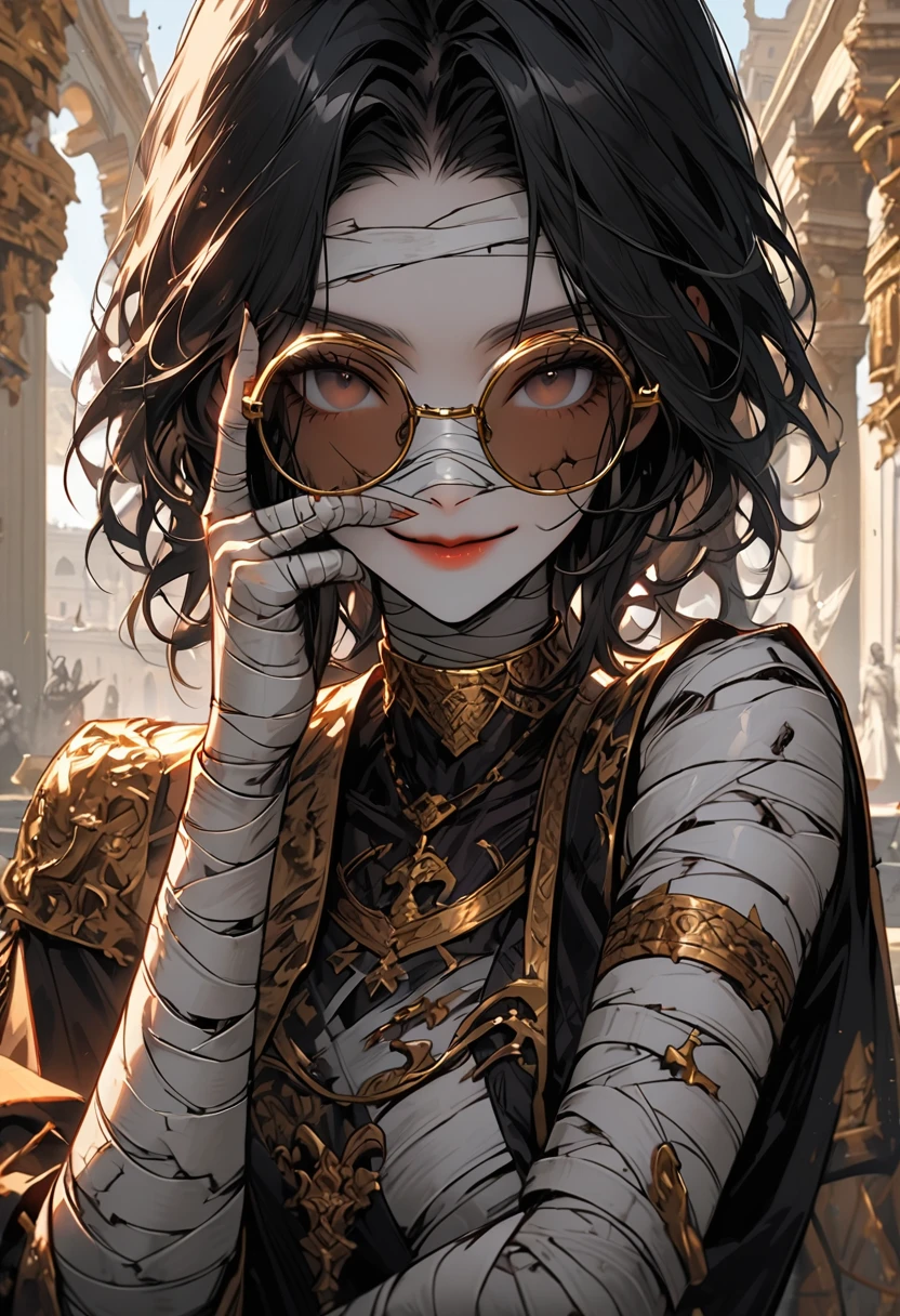 solo:1.4, female, undead, mummified, tan skin, long black hair, bandaged body, tiny sunglasses, circular frame sunglasses, gold frame sunglasses, bandaged arms:1.6, bandaged torso:1.2, bandaged neck:1, ancient, sunglasses on nose, smile, face, pose, day, palace, jewlery, nobility, close up, cracked skin,