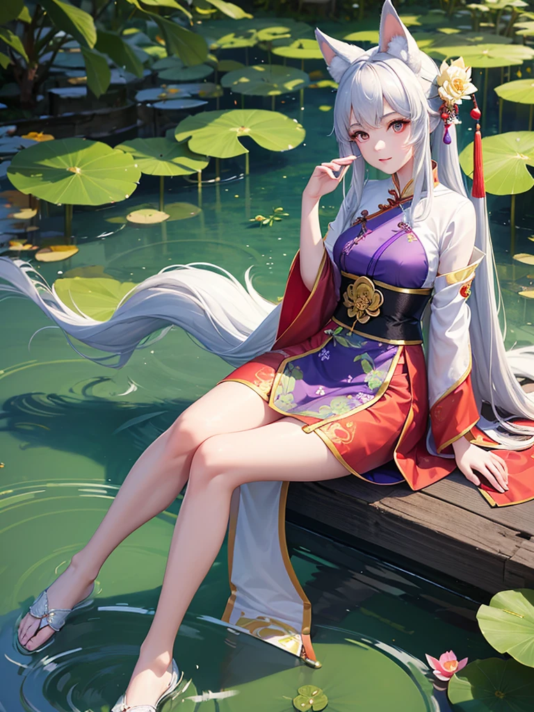 nonsense, height, very detailed, (1 girl:1.3), hand drawn, Simple lines, A 1 girl in a colorful Chinese Hanfu costume., Sexy girl with fox ears, At the lotus pond, Masterpiece, Sitting in the water, floating clothes, floating hair