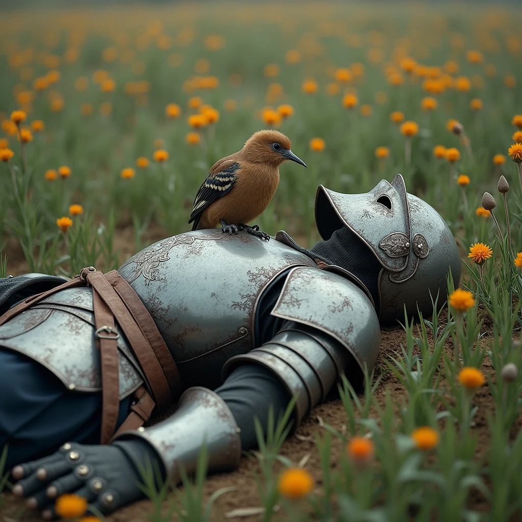 medieval warrior (minute details in the armor) with a helmet that covers his entire face, is leaning on a stone, dead, with a kiwi (the kiwi bird) on his chest in a field of flowers, full body image, show your feet (one is extended and the other is not) the soldier is in profile
