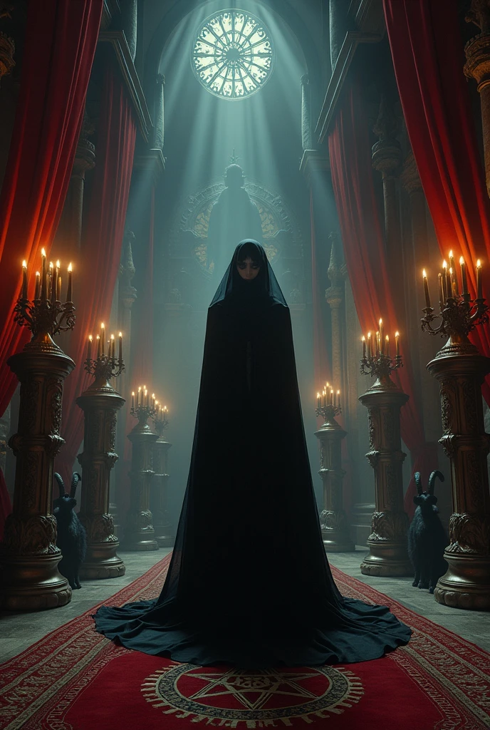 A photo of a conceptual dark fantasy artwork of a ghostly beautiful witch in a gothic castle. The witch is surrounded by many black candles and pentagrams. The room has a red velvet curtain and very high walls. There is a black goat and the figure of Baphomet in the background.