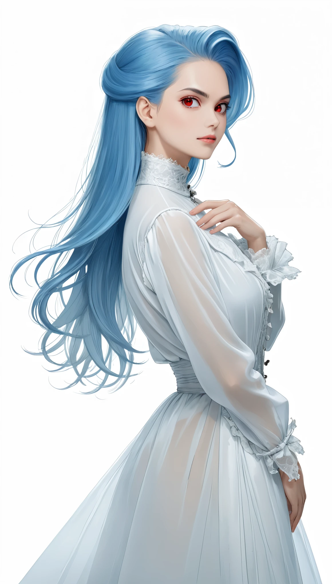 in style of Alan Lee,in style of Carolina Herrera-【Gorgeous clothing designer】-,in style of Bess Hamiti
(half body,gravure_pose,Smug:1.1),1girl,(blue hair, red eyes:1.1),cowboy shot,(white_background:1.1),(leaning_To_the_Side:1.2),(dynamic_angle:1.4),(hair one Side up:1.2),oversize ultra-thin white vicTorian clothing,(the translucent silhouette of the body is clearly visible in the light:1.1),from the Side,hands flat