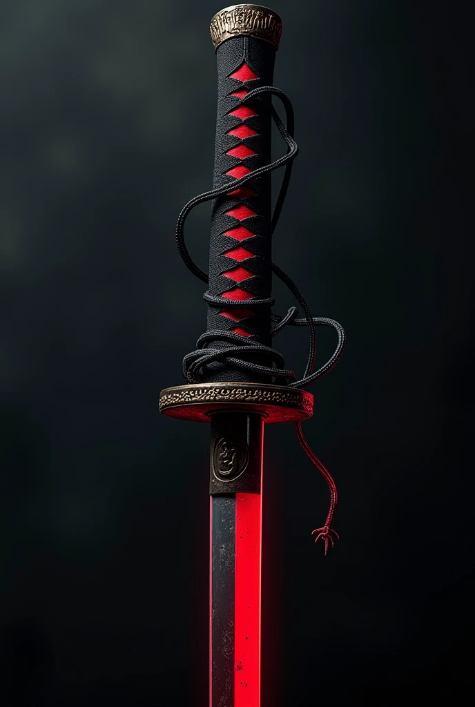 A katana with a black handle with blood red details, with some wires hanging from the handle
