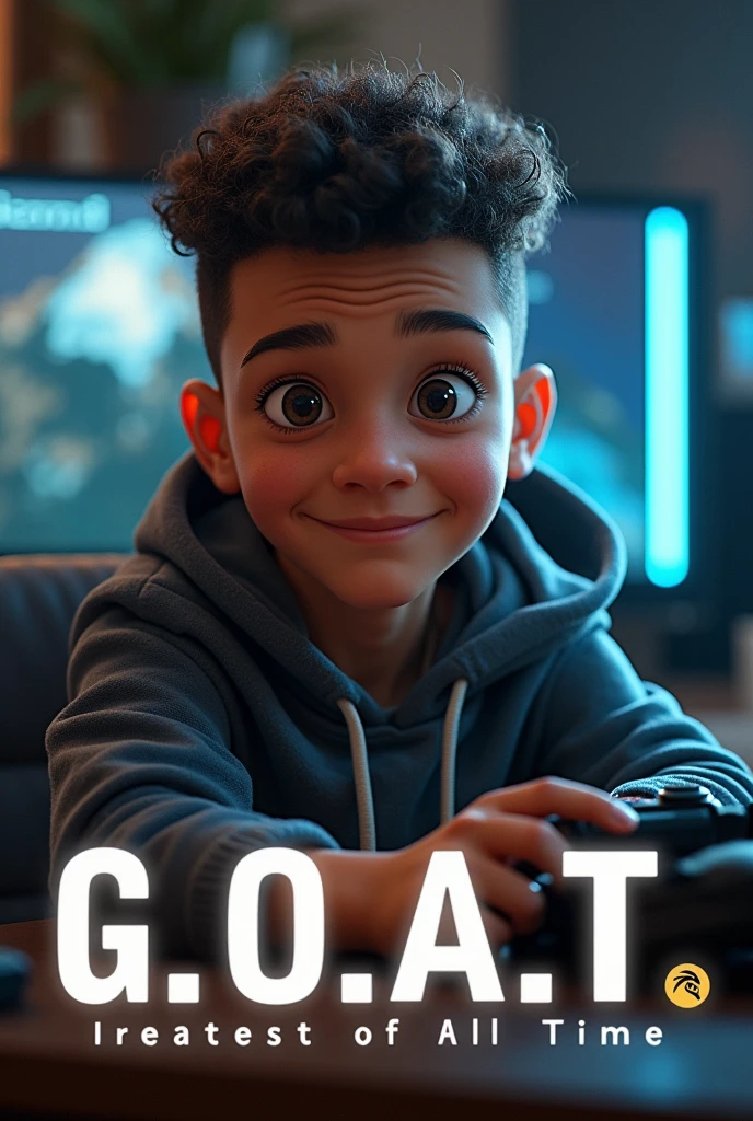 Boy with small curls with the word G.O.A.T  gamer realizta