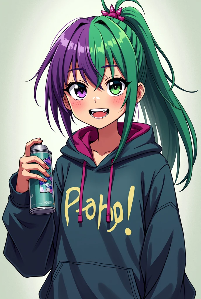 Generates a girl with green hair and eye on the left side and purple hair and eye on the right side in anime style. she wearing a hoodie and her tooth is sharp triangle shape, she is smiling exposing her tooth, punky style, long ponytail, tall, she is insane and rebelious, and she is holding a graffiti spray with her hand,