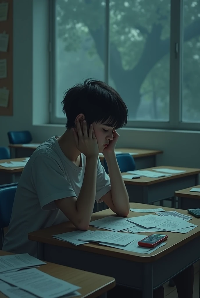 Drawing of a depressed ager alone at a classroom desk with lots of papers and the phone on the desk with his mother calling