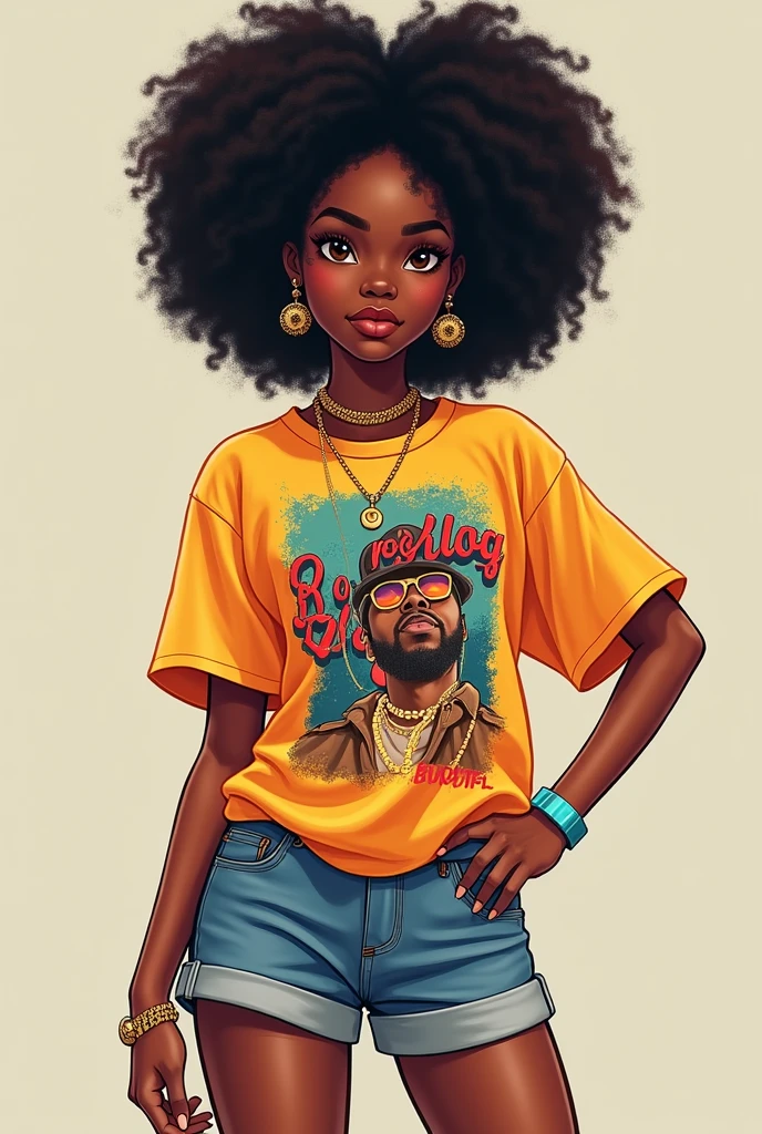 Black girl with afro, dressed in a loose-fitting hip-hop print T-shirt and tight shorts. Is behind