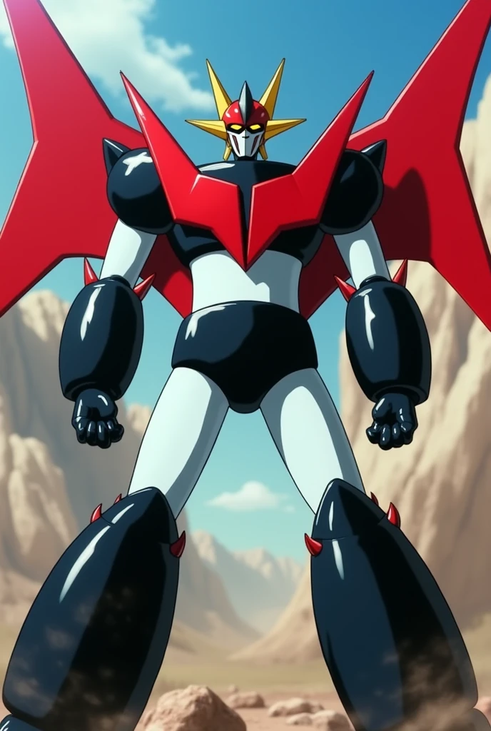 Mazinger Z screenshot.
A robot with red Z-shaped chest plates, its forearms and legs are black and its thighs and arms are white with a red glider on its head., His eyes are slanted yellow and his shoulders, The arms and legs are shaped like a thorn and the wings are red.