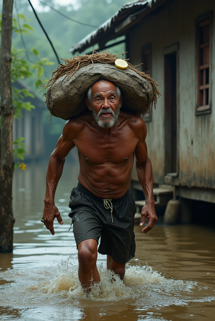 Old Thai man, shirtless, carrying things on his head to escape chest-high floodwaters in an old house
