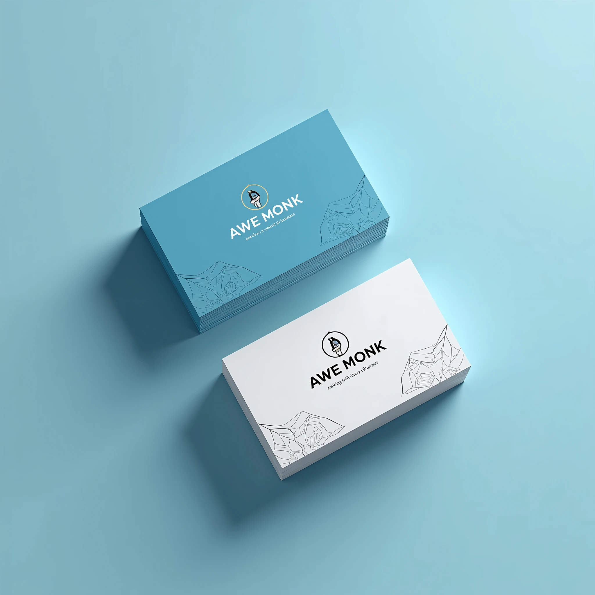 Create a business card for "Awe Monk," a company with the slogan "Making a statement with your business." The design should use sky blue as the primary color, evoking a sense of creativity and innovation. The logo could be minimalistic, perhaps featuring a stylized monk or a symbol that represents wisdom and insight, reflecting the company's role in helping businesses stand out. The overall design should be modern and inspiring, targeting entrepreneurs and business professionals.