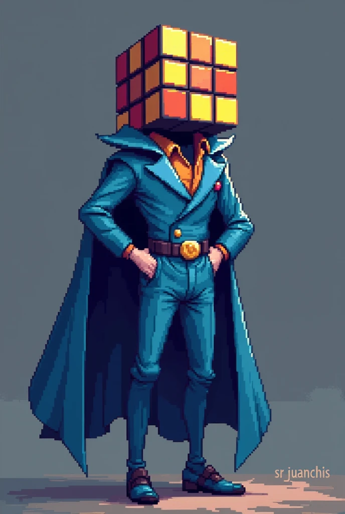 Create a 2D pixelated villain, has a Rubik's cube head, and with a strange but cool suit , It is the king of puzzles and it says below "SR JUANCHIS", The suit is blue and has a kind of cape, It looks cartoonish