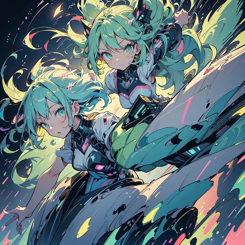 anime style illustration of a girl with pastel green hair in mid-air action. The scene captures motion, with the girl engaging in an aerial battle or performance, with a dynamic composition that movement and intensity.mechanicalwings, futuristicmecha, interdimensionalcyberpunk, glowingcorereactor, etherealenergyfields, cosmicbackdrop, dynamicpose, flowinghair, vividcolors, intricatedetails, cinematiccomposition,intricate_linework, bold_brushstrokes