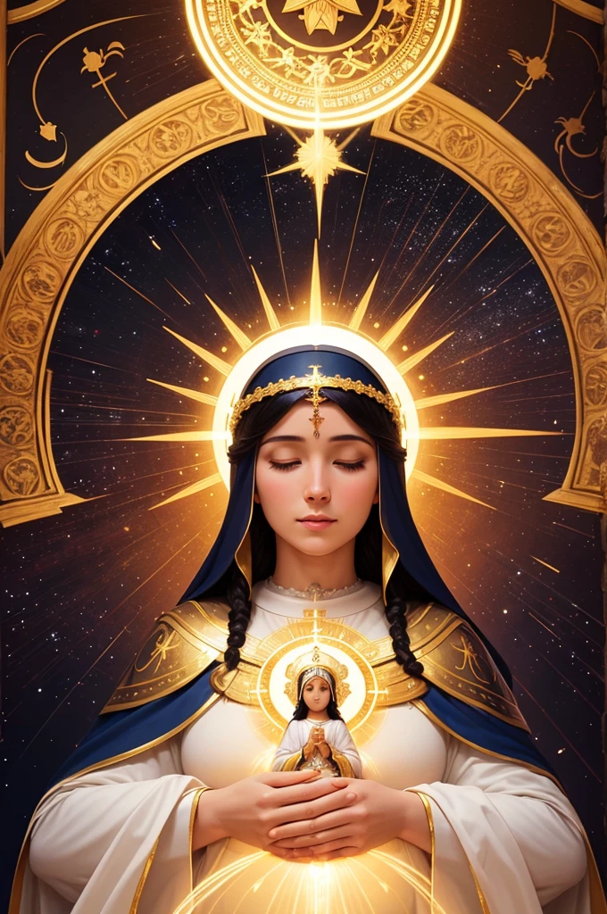 Our Lady Aparecida, Mother of God, depicted in a moment of peaceful birth, with celestial symbols and golden halos, gentle and ethereal lighting, T-shirt design graphic, vector, contour, white background.