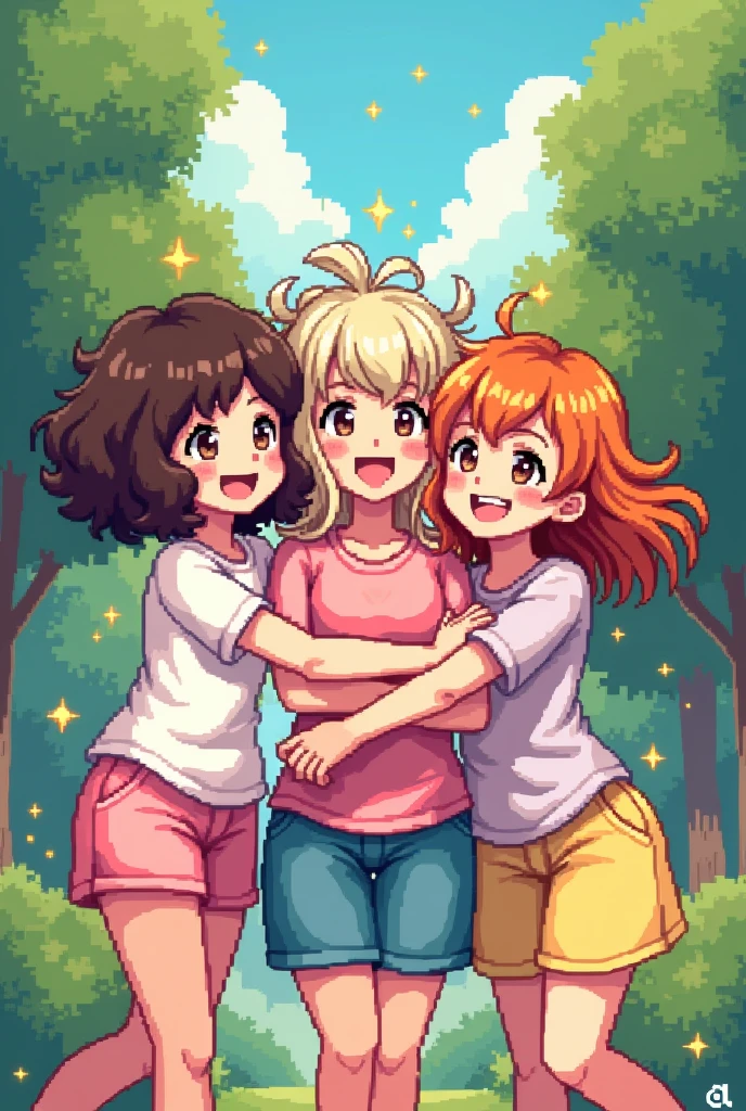 Create a pixel art style image of 3 hello kitties girlies standing next to each other, one has shoulder height brown curly hair with curly curls, the second one has long straight lighter brown coloured hair, with some side bangs, and the third one has shoulder high orange-brownish straight hair. they're smiling and blushing, with some golden sparkles around them, their hands doing peace signs and hearts, while they are hugging. They look like they're having fun
They are all the same height, the background are some green trees in the background. Do NOT give them cat ears