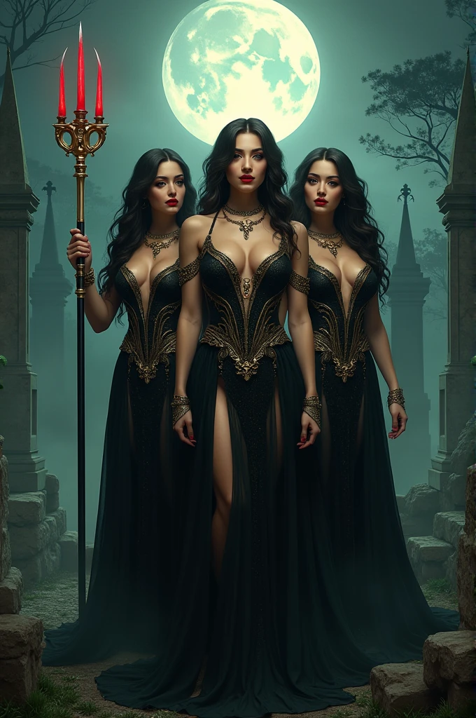 A beautiful 3 woman, beautiful breasts,. nice ass waist, red mouth and a beautiful smile, wearing a black party dress with gold and red details, holding a large trident, aretes, golden bracelets, skull and cross necklace, inside a beautiful cemetery with a full moon 